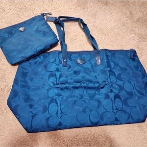 Coach Teal Signature Nylon Tote with Detachable Pouch